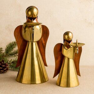 Vintage Brass & Copper Angel Candle Holders Set of 2 Christmas MCM Decor